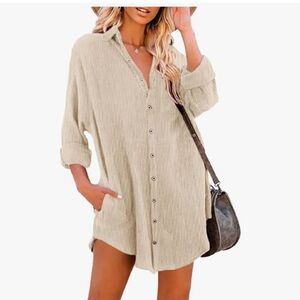 Dokotoo Corduroy Long Sleeve Button Down Shirts Tunic Dresses w/Pockets Medium